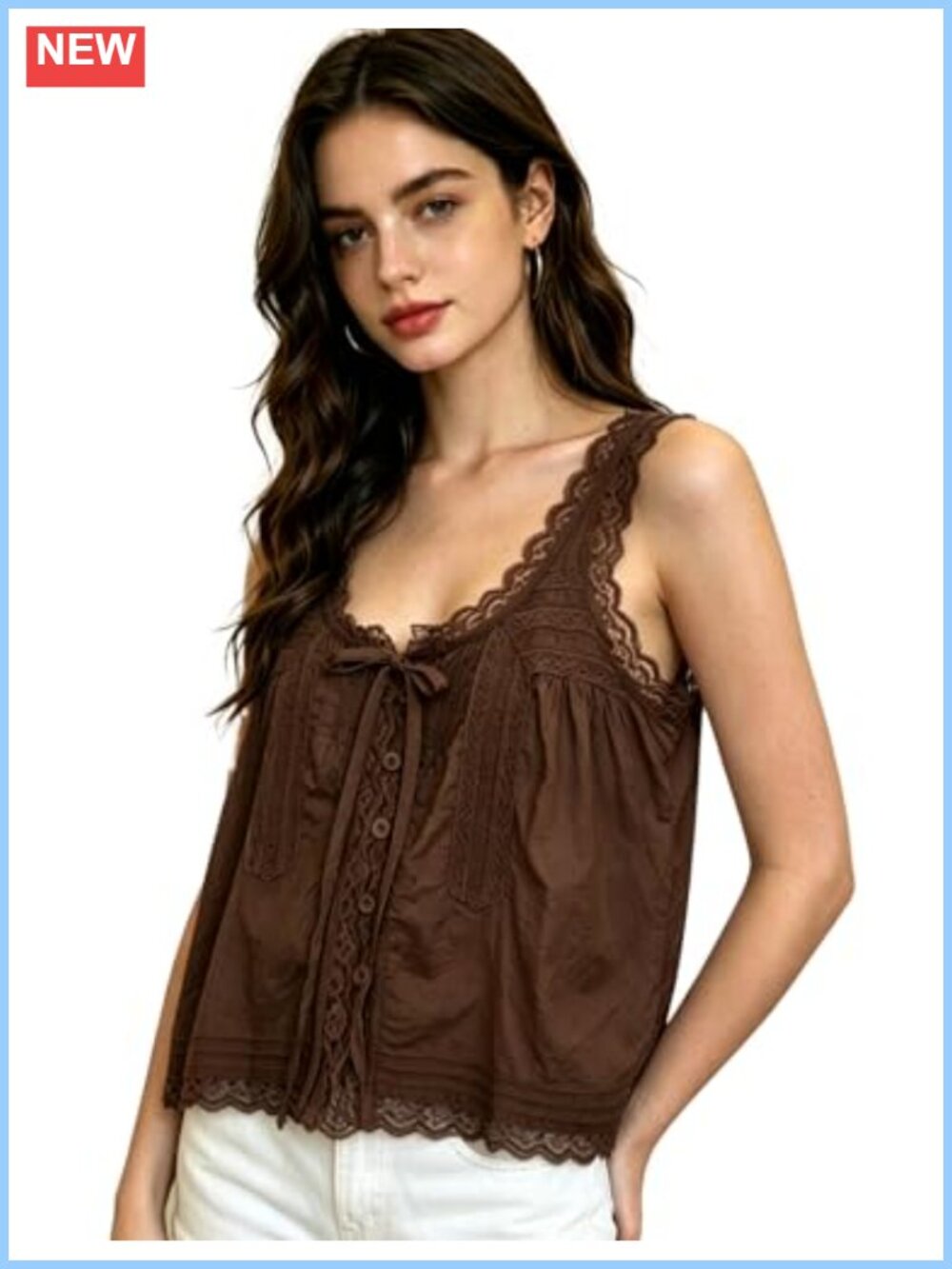 Boho Lace Trim Tie Front 100% Cotton Crop Tank Top
